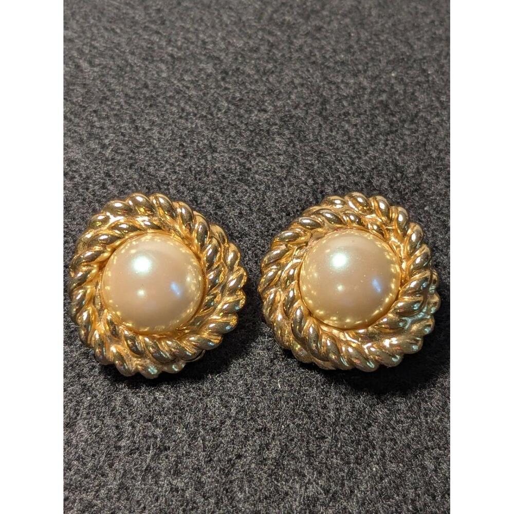 Vintage Gold Tone Faux Pearl Rope Twist Earrings Classic Elegant